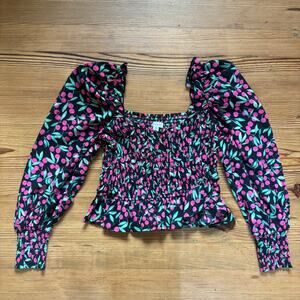 Topshop Cherry Print Smocked Long Sleeve‎ square neck blouse shirt SIZE 8